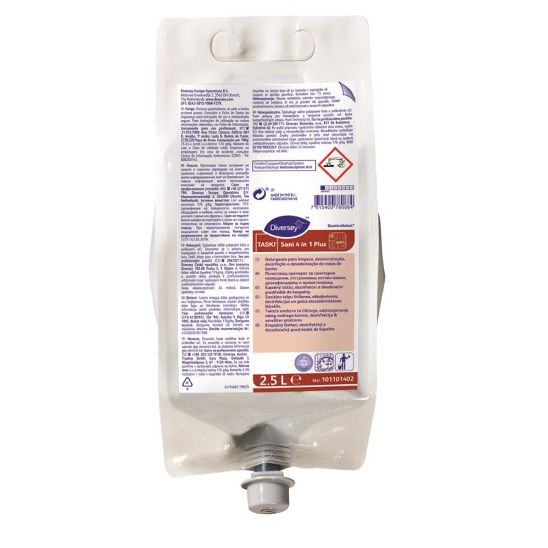 Taski Sani 4 in 1 Plus QS tisztító és fertőtlenítőszer, vízkóoldó és illatosító hatással, 2,5 liter